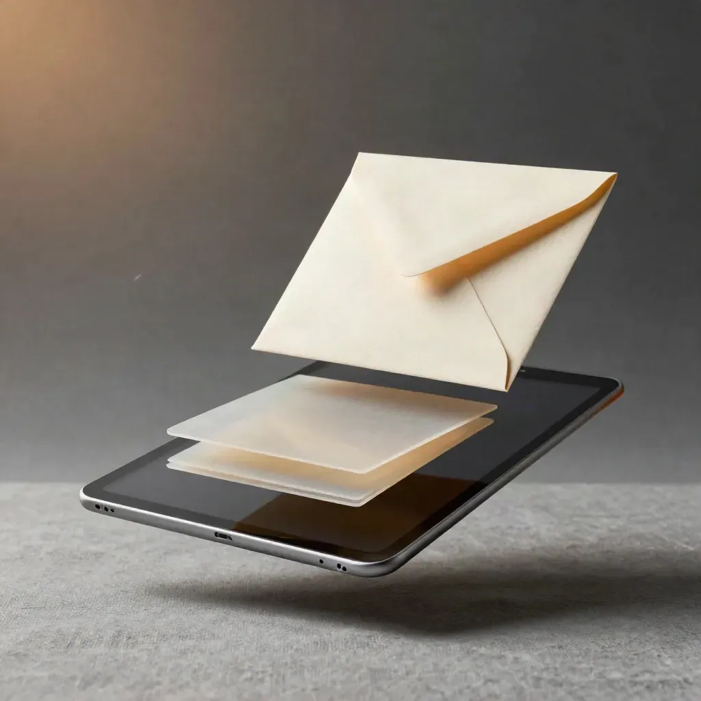 Floating starter send kit with tablet, envelope and translucent cards on ash-grey linen.