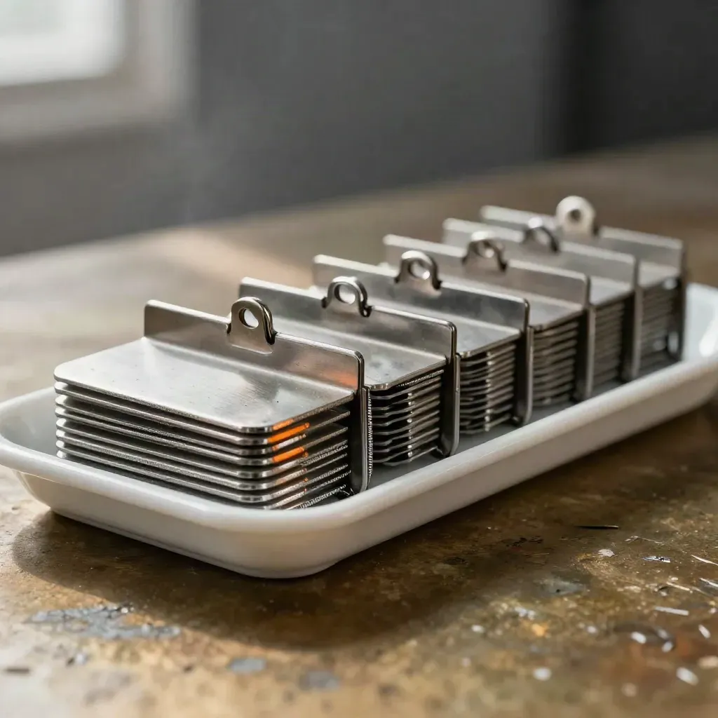 Brushed metal filter plate, clipped tabs and white tray on a dark gradient surface.