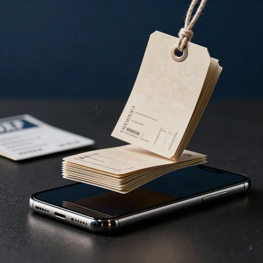 Open phone, coupon-card fan and shipping tags burst mid-air on a dark studio surface.