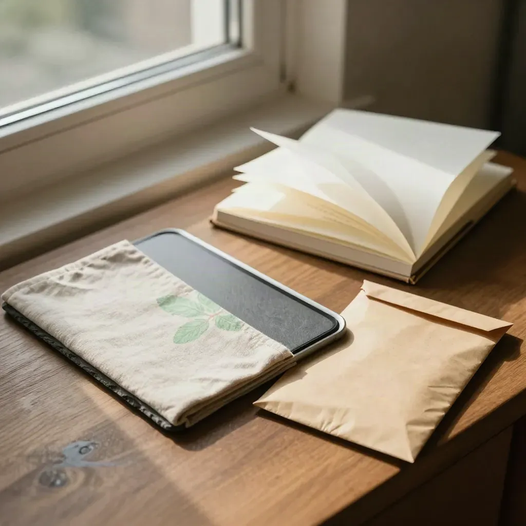 Tablet, linen sleeve, notebook, and folded mailer on a walnut side table by a sunlit window.