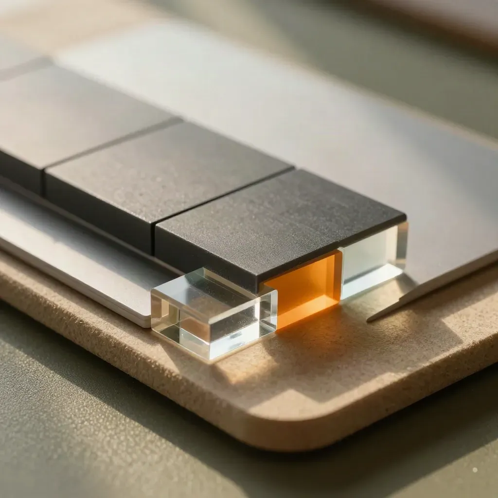 Macro of divider tiles and acrylic blocks beside a tablet on a khaki tray