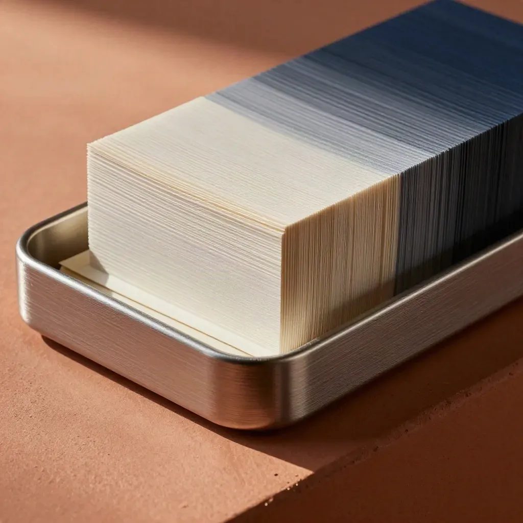 Macro of a brushed steel tray with paper discs and a pale liner sheet on terracotta.