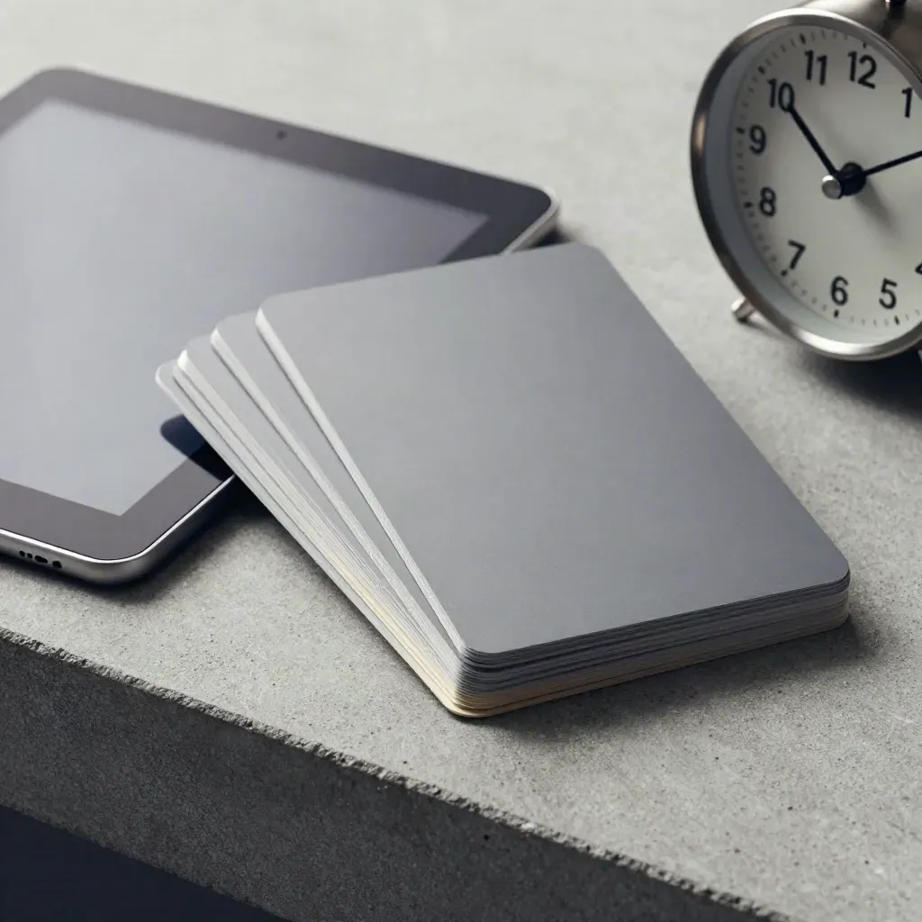 Seven slim cards, glowing tablet and desk clock on concrete, arranged in a diagonal hero close-up.